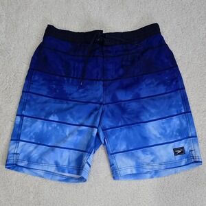 Speedo Men Blue Tie Dye Striped Swim Trunks Board Shorts Size Large Zip Pocket